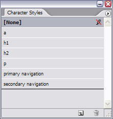 Screenshot of the Character Styles palette in InDesign